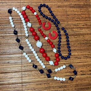 Patriotic Beaded Groovy Three Necklaces and Earrings Bundle (Red White and Blue)